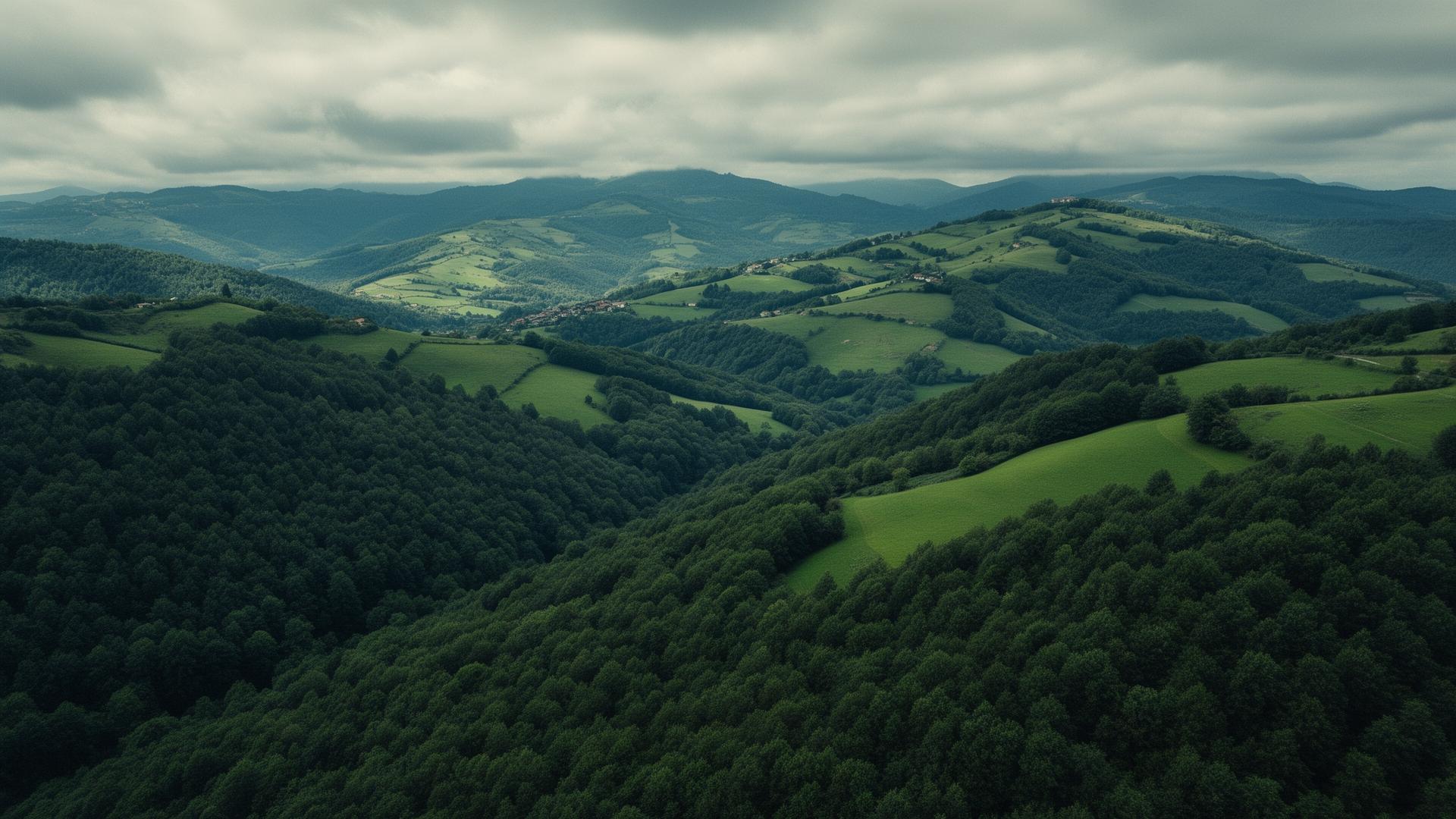 Vue aérienne des collines verdoyantes du Pays Basque